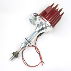 Pertronix Distributor D131711 Flame-Thrower; With Ignitor II Ignition Module; Hall Effect Trigger; Mechanical Advance; With Iron Drive Gear; Red Cap with Male/HEI Posts