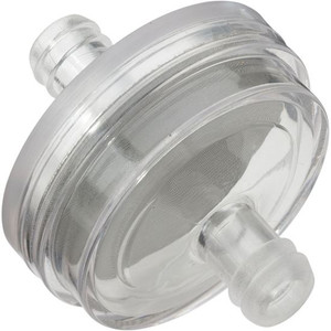 Helix Racing Fuel Filter 118-9015 Complete Assembly; In-Line; 5/16 Inch Inlet/Outlet; Large Disk Shape; 150 Micron Stainless Steel Screen Element; Clear Housing; 750 To 770 Milliliter Per Minute Flow Rate; Single