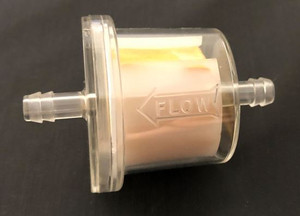 Helix Racing Fuel Filter 118-9308 Complete Assembly; In-Line; 1/4 Inch Inlet/Outlet; Large Drum Shape; 70 Micron Pleated Paper Element; Clear Housing; 470 To 480 Milliliter Per Minute Flow Rate; Single