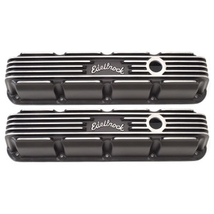 Edelbrock Valve Cover 41773 Chrysler Magnum 5.2L-5.9L/318-360 Cubic Inch; 3-3/4 Inch Tall; Perimeter Bolt; With Oil Fill Hole; Without Breather; Without Baffles; Finned with Edelbrock Logo; Powder Coated; Black; Aluminum; Set of 2; Set of 2 Edelbrock Valve Cover 41773 Chrysler Magnum 5.2L-5.9L/318-360 Cubic Inch; 3-3/4 Inch Tall; Perimeter Bolt; With Oil Fill Hole; Without Breather; Without Baffles; Finned with Edelbrock Logo; Powder Coated; Black; Aluminum; Set of 2; Set of 2