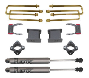 MaxTrac Leaf Spring Block Kit 901750F 4 Inch Block Height; Cast Iron; With 2 Blocks/4 U Bolts/2 Fox Shock Absorbers/2 Shackles MaxTrac Leaf Spring Block Kit 901750F 4 Inch Block Height; Cast Iron; With 2 Blocks/4 U Bolts/2 Fox Shock Absorbers/2 Shackles