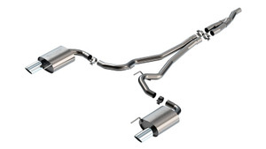 Fits 2024-2024 Ford Mustang Borla Exhaust System Kit 140979 S-Type Cat-Back System; T-304 Stainless Steel; With Mufflers; 2-1/2 Inch Pipe Diameter; Single Exhaust With Dual Exit; Split Rear Exit; 4 Inch Bright Chrome T-304 Stainless Steel Tips