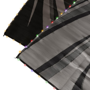 Faulkner Patio Mat 53024 Modern Swish Design; 12 Foot Length x 9 Foot Width; Black/Gray; Polypropylene; Reversible Fabric; Mold And Mildew Resistant; Without Grommets; With Carry Bag/Corner Tie-Downs; Multicolor And White Lights; Solor Powered Faulkner Patio Mat 53024 Modern Swish Design; 12 Foot Length x 9 Foot Width; Black/Gray; Polypropylene; Reversible Fabric; Mold And Mildew Resistant; Without Grommets; With Carry Bag/Corner Tie-Downs; Multicolor And White Lights; Solor Powered
