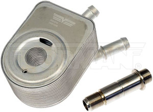 Dorman Fluid Cooler 918-614 OE Solutions; OE Replacement; For Engine Oil; 10 Core Rows; Female Inlet/Male Outlet Fitting Type; 0.95 Inch Inlet Diameter/0.3 Inch Outlet Diameter; Natural; Aluminum