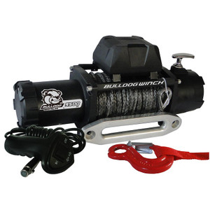 Bulldog Whes Winch 10045 Vehicle Mounted; Trailer Winch; 12 Volt Electric; 5.5 Horse Power; 9500 Pound Line Pull Capacity; 100 Foot Synthetic Rope; Hawse Fairlead; Wired Controller; Integrated Solenoid Housing; 3-Stage Planetary Gear System