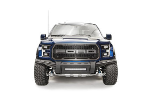 Fits 2017-2020 Ford F-150 Fab Fours Bumper FF17-D4371-1 Aero; One Piece Design; Direct Fit; Mounting Hardware Included; Without Grille Guard; Without Winch Mount; Without Tow Hooks; With Mounts For Rigid 20 Inch Light Bar; Powder Coated Black Steel