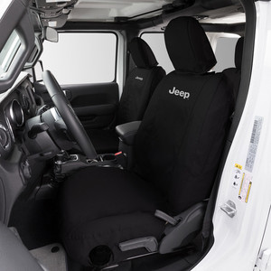 Fits 2013-2018 Jeep Wrangler JK Covercraft Seat Cover SSJ2468FJ11WFBK SeatSaver; Seat Style C - Bucket With Adjustable Headrest; Jeep Logo; Heavy-Duty Waterproof Polyester; Black; Set Of 2 Fits 2013-2018 Jeep Wrangler JK Covercraft Seat Cover SSJ2468FJ11WFBK SeatSaver; Seat Style C - Bucket With Adjustable Headrest; Jeep Logo; Heavy-Duty Waterproof Polyester; Black; Set Of 2