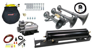 Kleinn Air Horn SDKIT17-734STL Totally Bad Ass; Dual Tone; Round Trumpet; Longest Trumpet 18.25 Inch Length; Black; Steel; Includes 3 Horns/Air Compressor/Air Tank/Remote Quick Connect Tire Inflator/Hardware