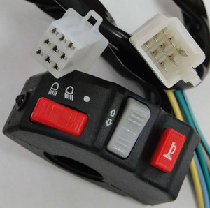 Helix Racing Multi Function Switch 787-7717 Universal; Handle Bar Mount; Headlight Off/Low Beam/High Beam With Blue Hi-Beam Indicator/Blinker/Horn Function; Black/Red; With 9-Pin Connector Block Plugs/Wiring Diagram/21-1/2 Inch Length Wire Helix Racing Multi Function Switch 787-7717 Universal; Handle Bar Mount; Headlight Off/Low Beam/High Beam With Blue Hi-Beam Indicator/Blinker/Horn Function; Black/Red; With 9-Pin Connector Block Plugs/Wiring Diagram/21-1/2 Inch Length Wire
