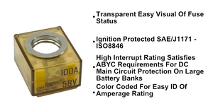 Egis Fuse 3603-100 Terminal Fuse; MRBF; 100 Amp; No; Single; 58 Volt DC; IP66 Protection Rating