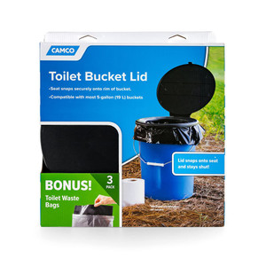 Camco Toilet Seat 41546 Round; Closed Front; Black; Polypropylene; Snaps Onto Rim Of Bucket; With 3 Bucket Bags; English/French Language Packaging Camco Toilet Seat 41546 Round; Closed Front; Black; Polypropylene; Snaps Onto Rim Of Bucket; With 3 Bucket Bags; English/French Language Packaging