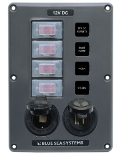 Blue Sea Gray Switch Panel | 4 Rocker Switches, 4 Positions, 12V, 45A | Circuit Breakers, Dual USB Charger, 15 Labels Blue Sea Gray Switch Panel | 4 Rocker Switches, 4 Positions, 12V, 45A | Circuit Breakers, Dual USB Charger, 15 Labels