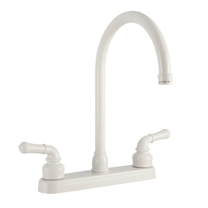 Dura Faucet White Faucet | 8 Inch Deck Mount | 12 Inch J-Spout | Teapot Handles | Premium Brass Spout
