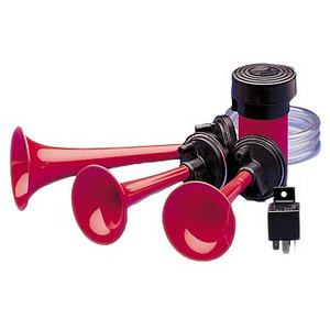 Hella Air Horn 003001671 Triple-Tone Frequency; 880/820/780 Hertz; Trumpet Style; Painted; Red; Plastic; With Compressor/Relay/Tubing/Mounting Brackets Hella Air Horn 003001671 Triple-Tone Frequency; 880/820/780 Hertz; Trumpet Style; Painted; Red; Plastic; With Compressor/Relay/Tubing/Mounting Brackets