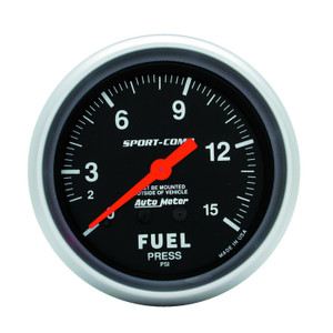 Race-Proven AutoMeter Sport-Comp Fuel Pressure Gauge | 2-5/8 Inch Mechanical | Full Sweep 0-15 PSI | Black Face/ Orange Needle Race-Proven AutoMeter Sport-Comp Fuel Pressure Gauge | 2-5/8 Inch Mechanical | Full Sweep 0-15 PSI | Black Face/ Orange Needle