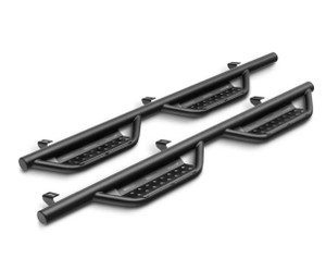 N-Fab RS Series 2 Inch Round Bent Nerf Bars | Rocker Panel Mount | With Drop Down Steps | Black Textured Powder Coated