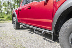2019-2023 Ram 1500 | N-Fab Nerf Bar with Drop Down Steps: Angular Style Straight, Textured Black Powder Coat, Rocker Panel Mount