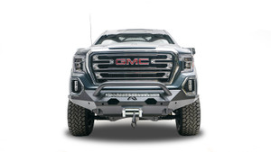 Complete Your GMC Sierra 1500's Look! Fab Fours Bumper | One Piece Steel Design | Pre-Runner Guard | Internal Winch Mount | 30 Inch Light Bar | D-Ring Mounts | Aggressive, Tire Clearance, Sensor Holes, Customizable | Black Powder Coated