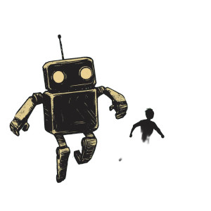 Robot Chasing Scared Man Vinyl Car Decal Sticker – Waterproof & UV-Resistant 4.0"