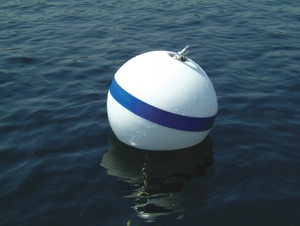 Taylor Made Mooring Buoy 46370 Sur-Moor; 12 Inch Diameter/38 Inch Circumference; 2 Inch Tube-Through-Center Diameter; White With Blue Stripe; Closed Cell Foam Core With Polyethylene Shell; Blue Reflective Stripe For Night Time Visibility Taylor Made Mooring Buoy 46370 Sur-Moor; 12 Inch Diameter/38 Inch Circumference; 2 Inch Tube-Through-Center Diameter; White With Blue Stripe; Closed Cell Foam Core With Polyethylene Shell; Blue Reflective Stripe For Night Time Visibility
