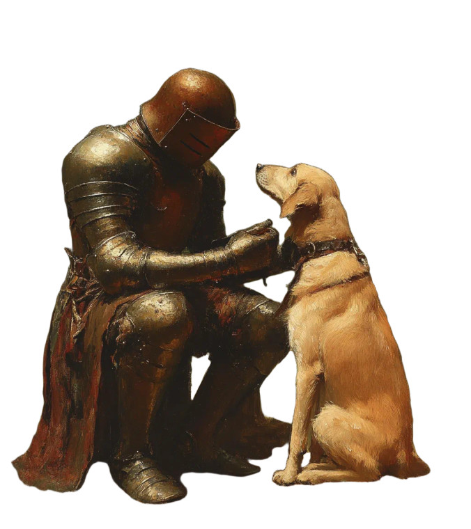 Armored Knight Petting Dog Vinyl Car Decal Sticker – Waterproof & UV-Resistant 8"