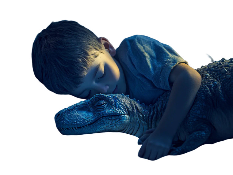 Boy And Velociraptor Sleeping Vinyl Car Decal Sticker – Waterproof & UV-Resistant 8"