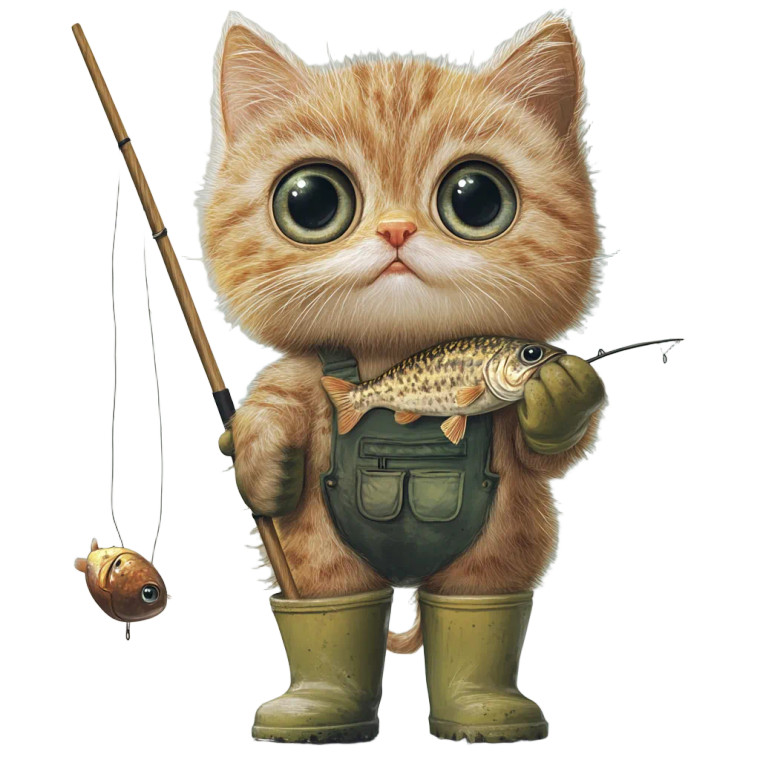 Fishing Cat Caricature Vinyl Car Decal Sticker – Waterproof & UV-Resistant 8"