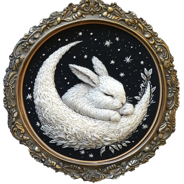 Moonlit Rabbit Embroidery Vinyl Car Decal Sticker – Waterproof & UV-Resistant 8"