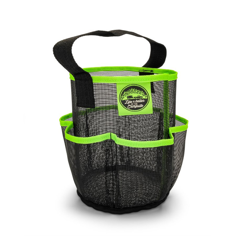 Camco Collapsible Shower Caddy | 6 Pockets | Lightweight Portable Mesh | Durable Handle | Black Neon Green