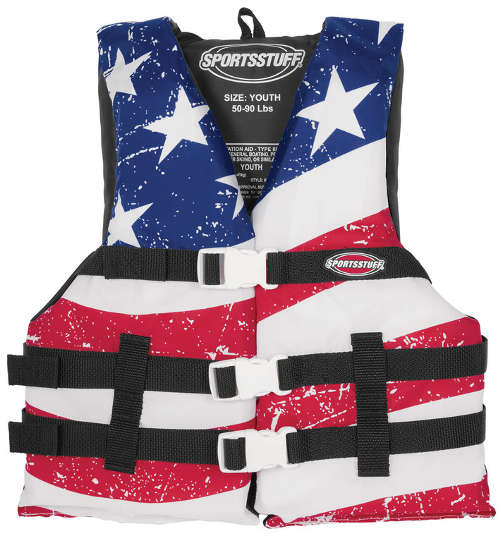 Youth Life Vest | Fits Chest Sizes 26-29" | Stars & Stripes Design | US Coast Guard & Transport Canada Approved