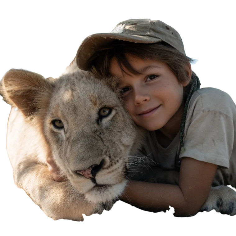 Boy Hugs Lion Vinyl Car Decal Sticker – Waterproof & UV-Resistant 8"
