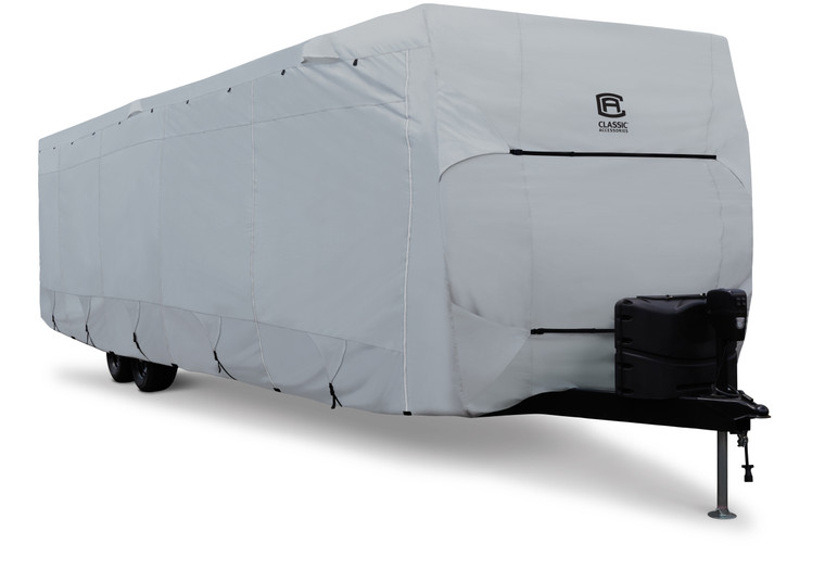 Classic Accessories Travel Trailer Cover 80-486-152401-RT Encompass; For Receiver Hitch Trailer; All Weather Protection From Rain/Snow/Dirt/UV Rays; Water Repellent/Water Resistant/Breathable; Cinder/Magnet; Lightweight Ripstop Material
