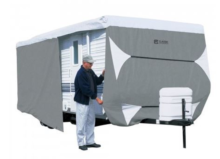 Ultimate All-Weather Protection Travel Trailer Cover | Fits 20-22 Ft Trailer | Water Repellent, Breathable, UV Resistant | Gray/White | With Storage Bag & Tie-Down Rope