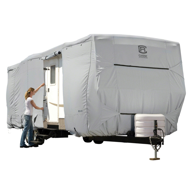 Ultimate Protection Travel Trailer Cover | Fits 35-38 Ft Trailer | Water Repellent, UV Resistant | Gray Ripstop Polyester | With Storage Bag & Click-Close Straps