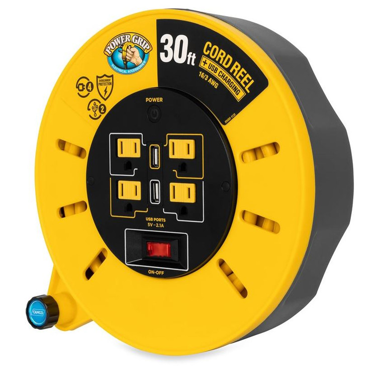 Ultimate Power Cord Reel | Camco | Store Up To 30 Ft Cord | 10A 16/3 Gauge | 4 Outlets + 2 USB | On/Off Switch