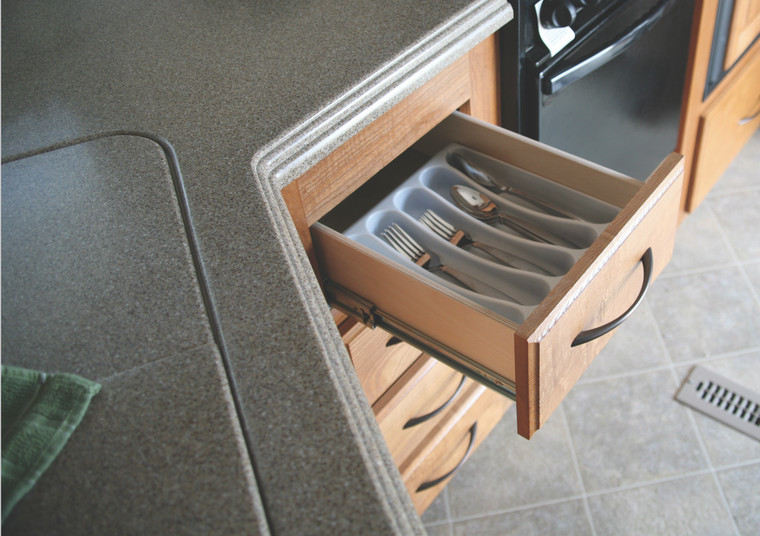 Effortlessly Organize Your Cutlery | Camco Cutlery Tray | Adjustable Width, 5 Compartments, Perfect for RV & Marine Drawers