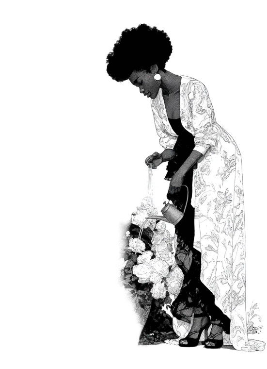 Black Woman Watering Roses Vinyl Car Decal Sticker – Waterproof & UV-Resistant 8"