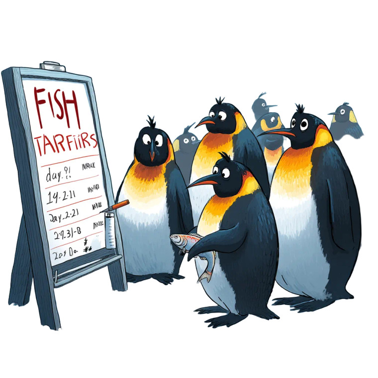 Penguins Discussing Tariffs Vinyl Car Decal Sticker – Waterproof & UV-Resistant 8"