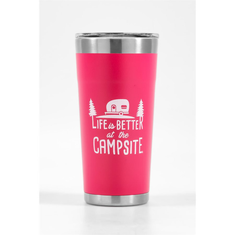 Camco Travel Mug 53061 Life Is Better At The Campsite; 20 Ounce; BPA Free Lid With Slide Closure; Double Wall Vacuum Insulated; Without Handle; Coral Pink; Kitchen Grade 18/8 Stainless Steel; Not Dishwasher Safe