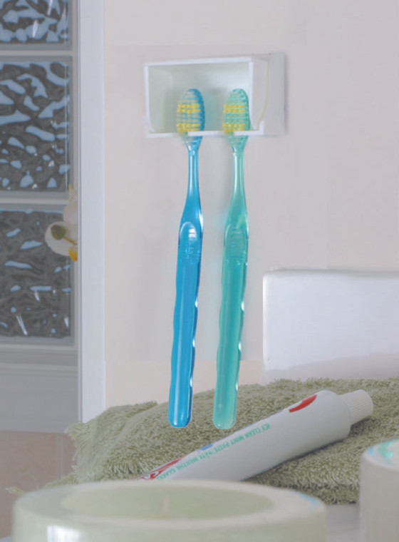 Camco Pop-A-Toothbrush Holder | White Plastic, Holds 2 Toothbrushes, Automatic Cover, Vented