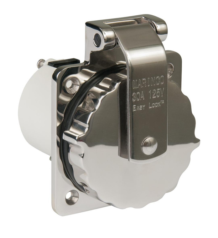 Marinco 125V/30A Receptacle Stainless Steel w/ Cap | Solid Marine Grade 316, Corrosion Resistant, Easy Install