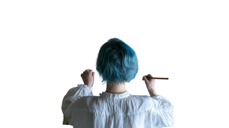 Blue-Haired Artist Working Vinyl Car Decal Sticker – Waterproof & UV-Resistant 8"