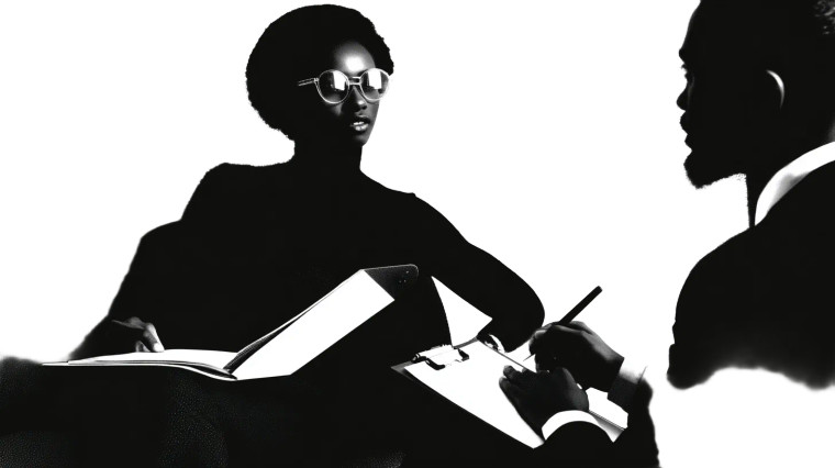 Man Interviewing Woman Vinyl Car Decal Sticker – Waterproof & UV-Resistant 