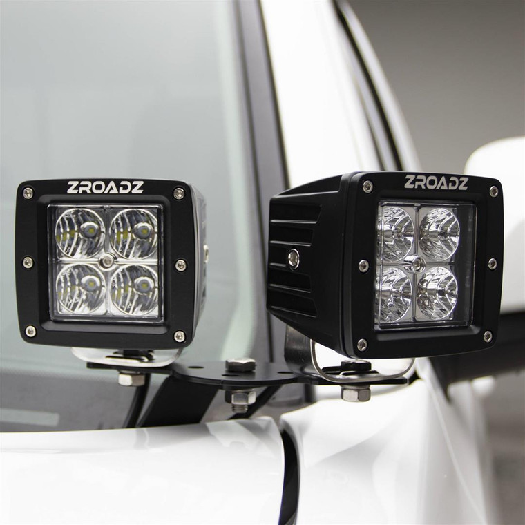 ZROADZ Driving/Fog Light Z364721-KIT4 Driving/Fog Light; LED Bulb; 5 Watt CREE LED; 3 Inch Square; 20 Watt; Flood Beam; 1712 Lumens; Black Steel Housing; Bolt-On Hood Hinge Mount