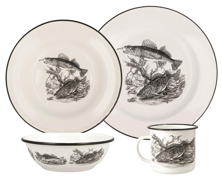 Wilderness-inspired Sixteen Piece Dish Set | Enamelware Walleye Pattern | Durable & Lightweight