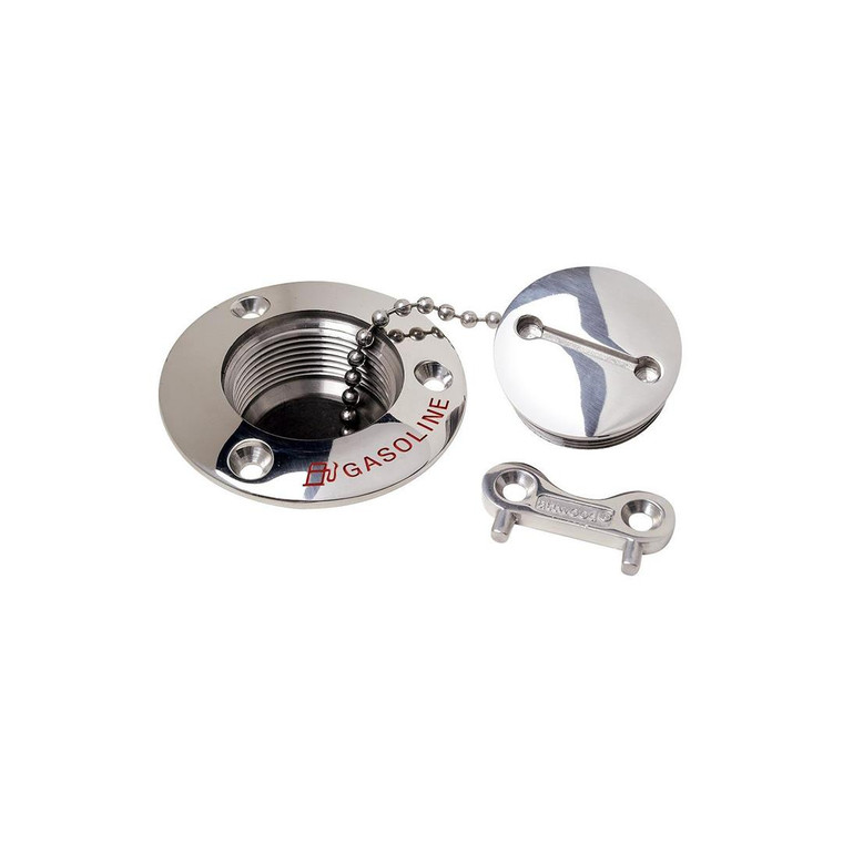 Highly Polished Stainless Steel Boat Deck Filler Cap | For 1-1/2" Hose | Gasoline Imprint | 3" Flange