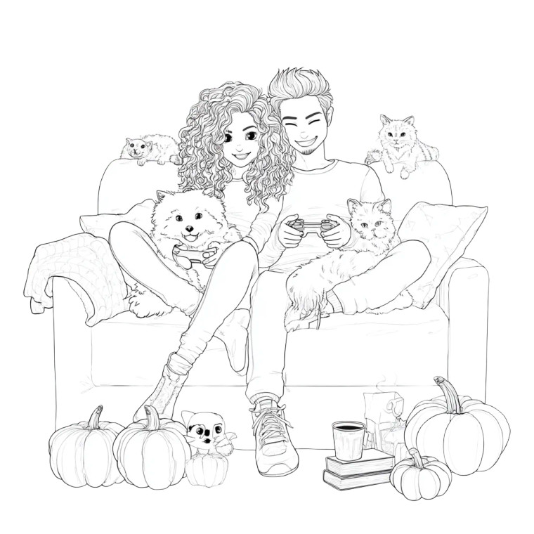 Gaming Couple With Pets Vinyl Car Decal Sticker – Waterproof & UV-Resistant 