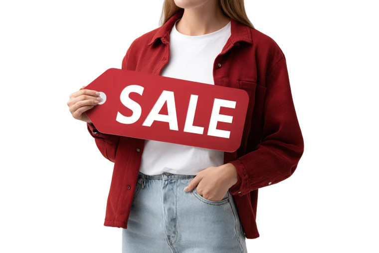 Excited Woman Sale Vinyl Car Decal Sticker – Waterproof & UV-Resistant 