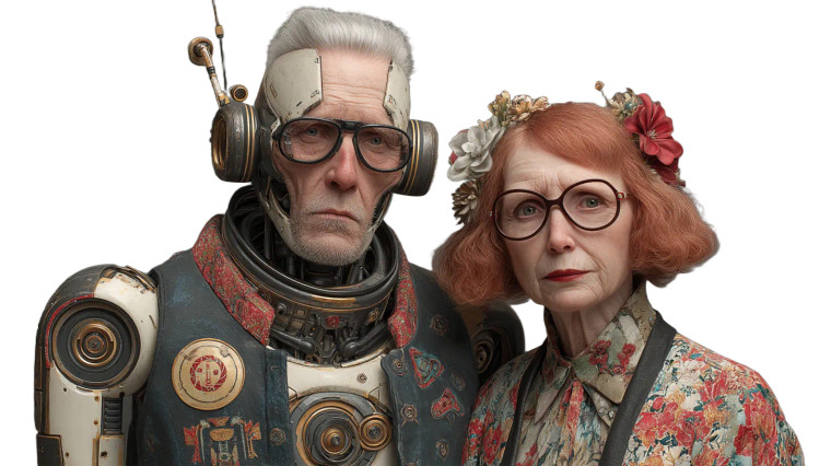Robotic Elderly Couple Vinyl Car Decal Sticker – Waterproof & UV-Resistant 