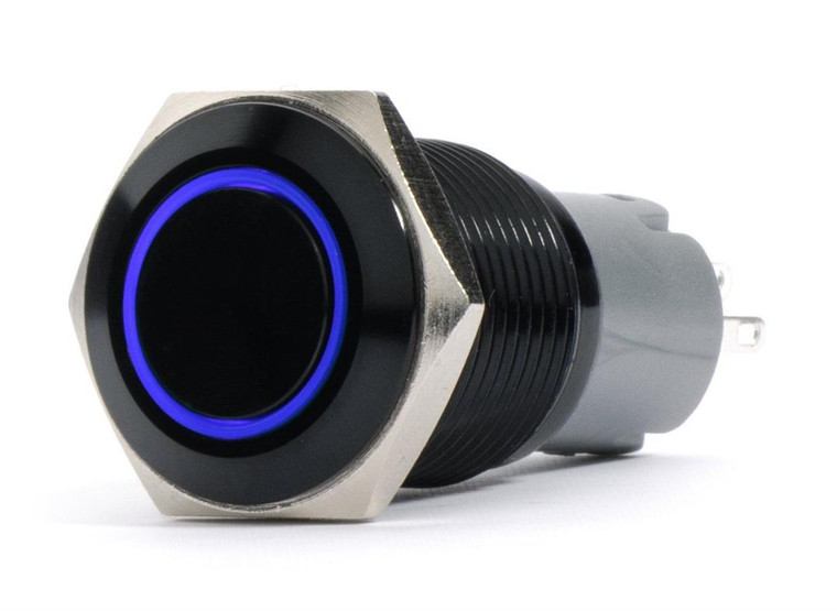 Race Sport Lighting Push Button Switch RS-B19MM-LEDB 19 Millimeter Momentary On/Off Switch; 6 Amp; Flush Mount; Black; Blue LED Ring; 12 Volt DC